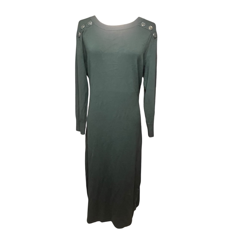 New York‎ & Co XXL Tall Green Knit Sweater Dress Button Accent Back Tie Waist